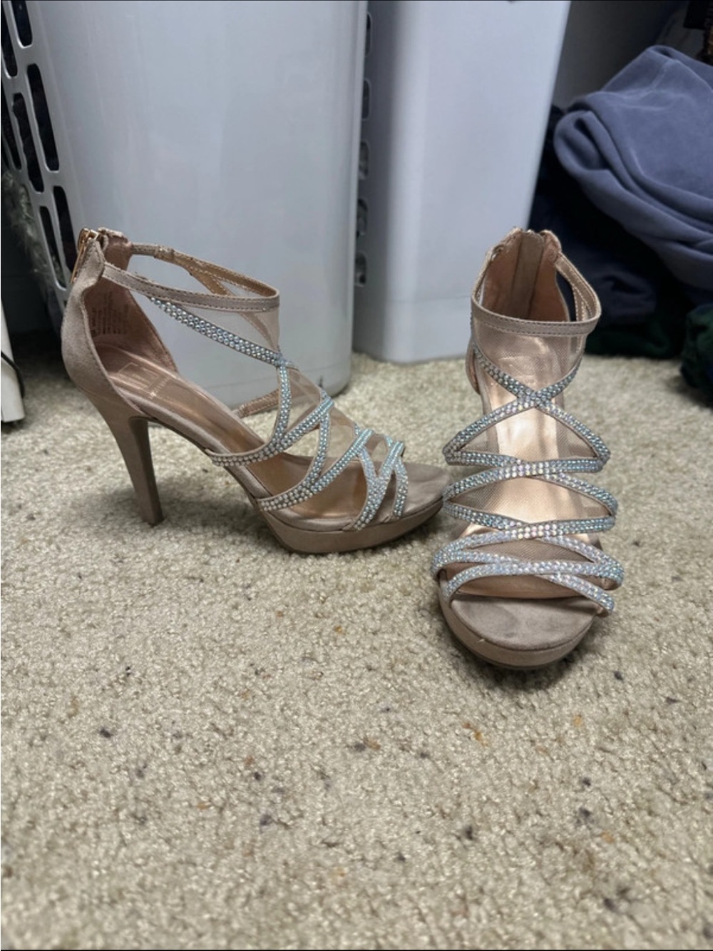 Champagne Strappy Rhinestone High Heel Sandals